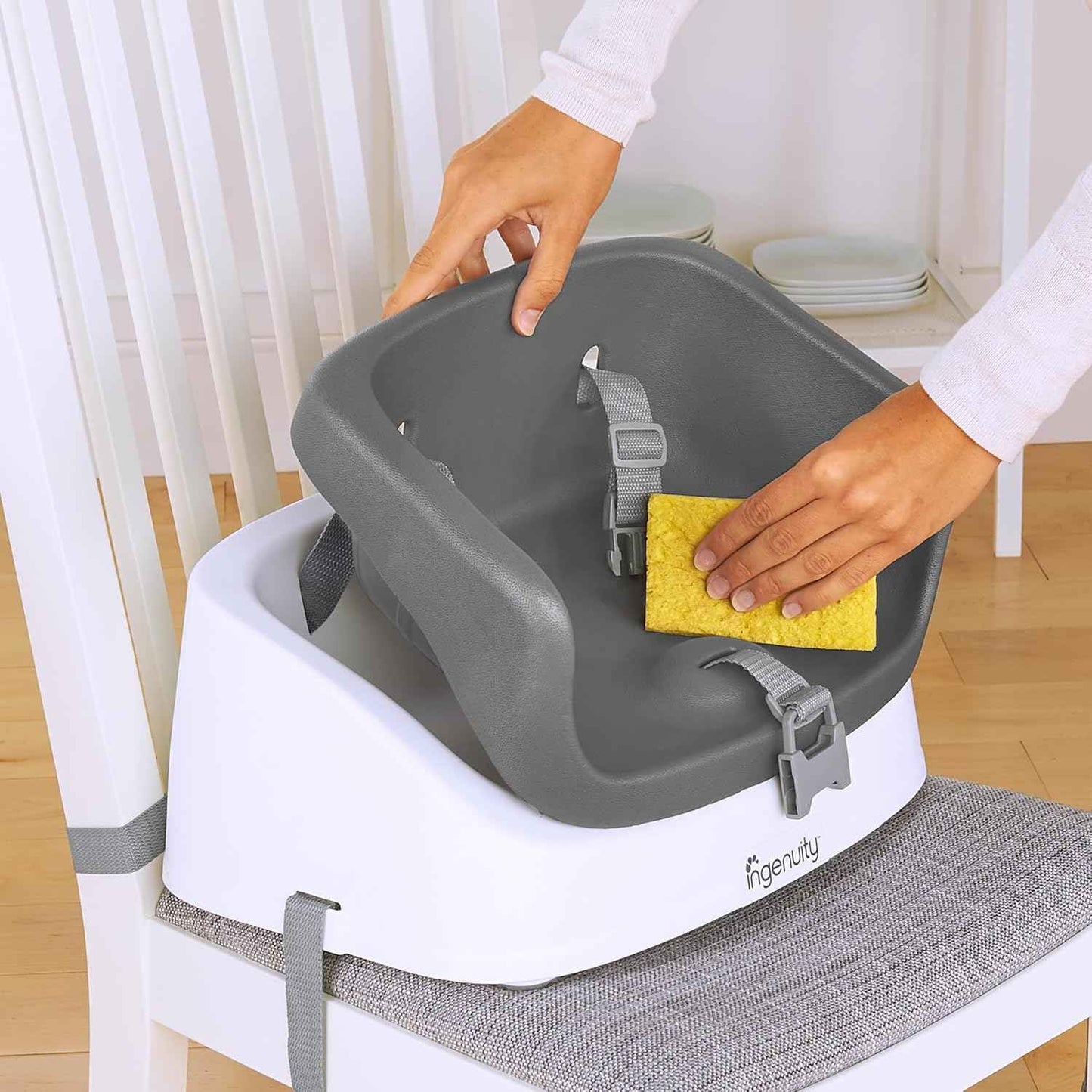 Ingenuity SmartClean Toddler Booster Seat for Kitchen Chair – Lightweight for on-the-go, Easy-Clean, 3-Point Harness Strap – Booster Seat for Dining Table, Slate