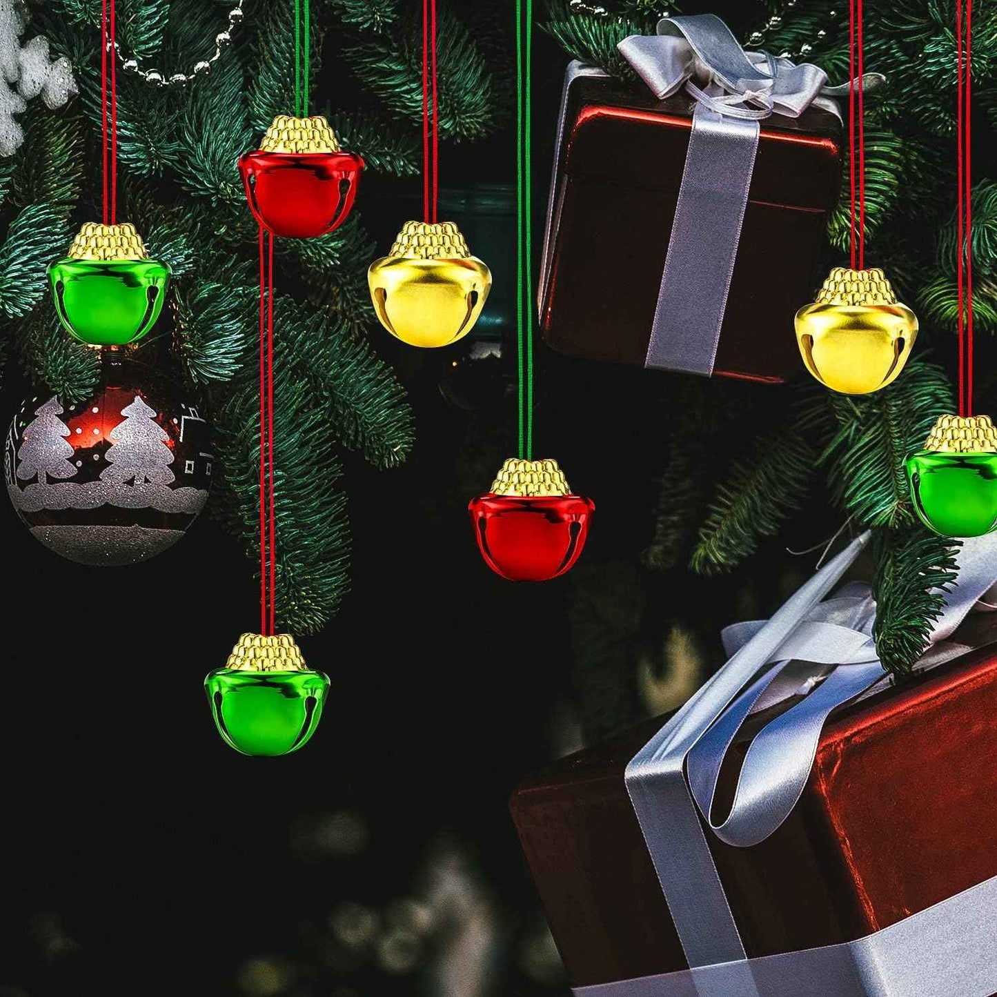Sumind Christmas Bell Necklaces Christmas Holiday Gold Green Red Xmas Jingle Necklaces Bell with Ribbons for Craft Gift Supplies Stocking Stuffers Accessories (72 Pieces)