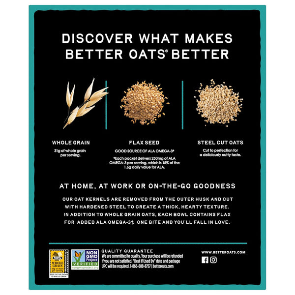 Better Oats Steel Cut Instant Oatmeal Packets, Original Flavor with Flax Seeds and Whole Grains, Quick-Cooking Breakfast, 11.6 oz Box of 10 Pouches (Pack of 6)