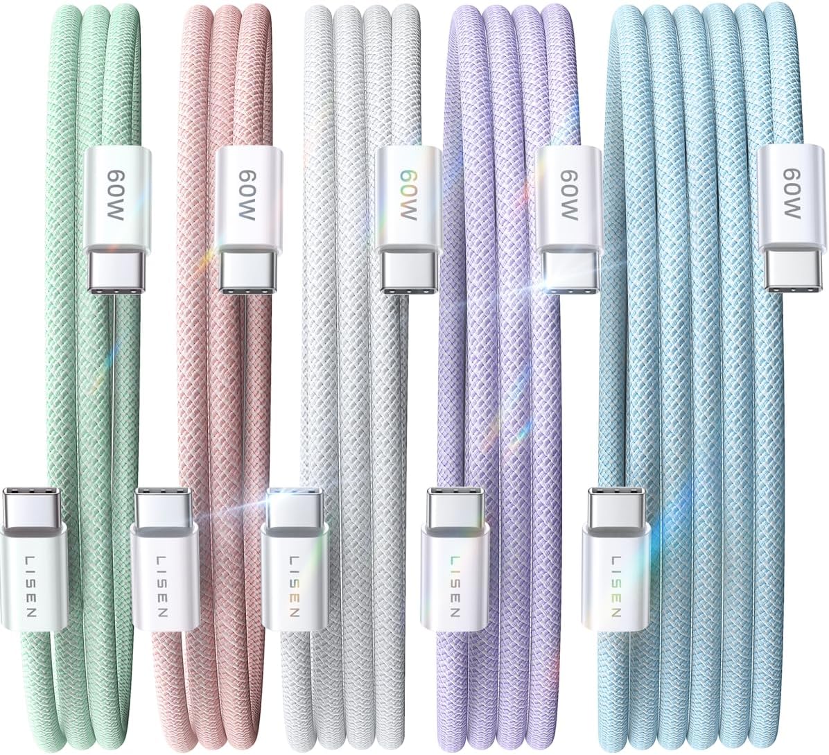 LISEN USB C to USB C Cable, 5-Pack [3.3/3.3/6.6/6.6/10FT] for iPhone 17 Charger Cord, 60W C to C Cable Fast Charging for iPad, iPhone 16 15 Pro Max, Galaxy S25/S24 USBC to USBC Cable Gifts for Men