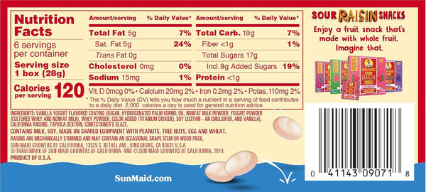 Sun-Maid vanilla yogurt coated raisins (6 pack) 1 oz snack-size boxes for lunch and back to school