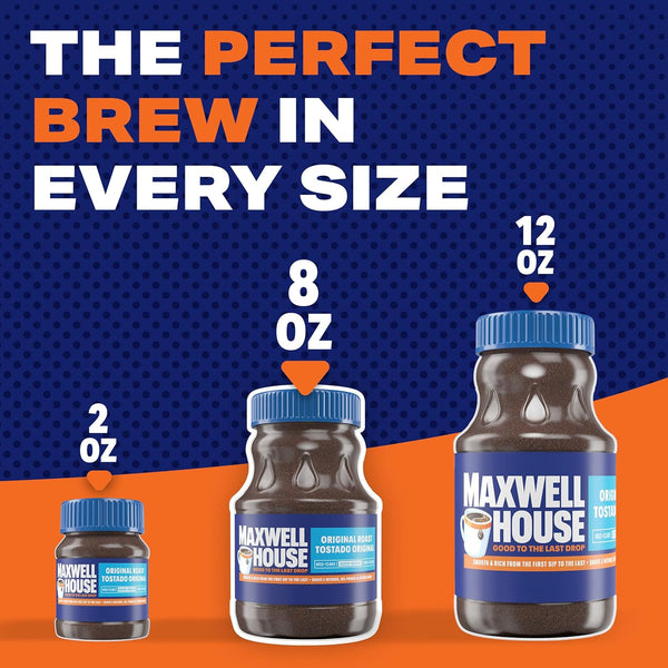 maxwell house original roast instant coffee, 8 oz, smooth, rich, full-bodied, no brewer required