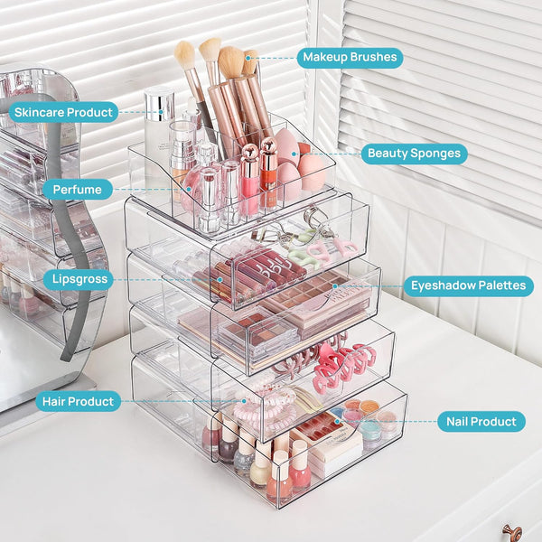 3 Tier Clear Makeup Organizer with Drawer for Countertop and Bathroom Vanity
