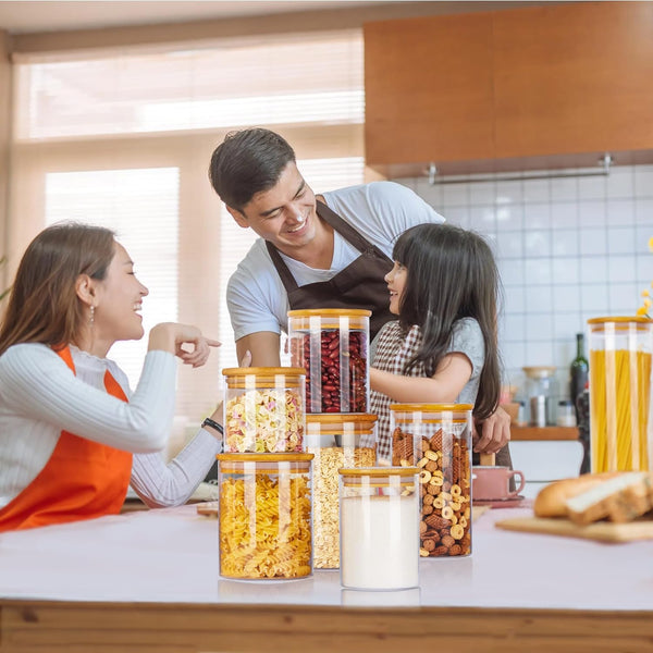 7-pack glass food storage jars with bamboo lids for kitchen organization