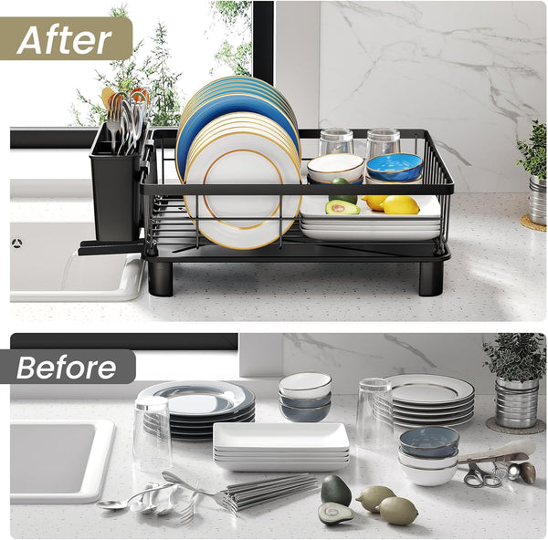 Space-saving stainless steel dish drying rack for kitchen counter