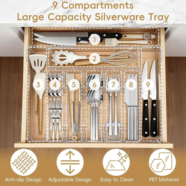 Expandable Silverware Organizer, Clear Utensil Drawer Tray with Adjustable Compartments for Spoons, Forks, Knives