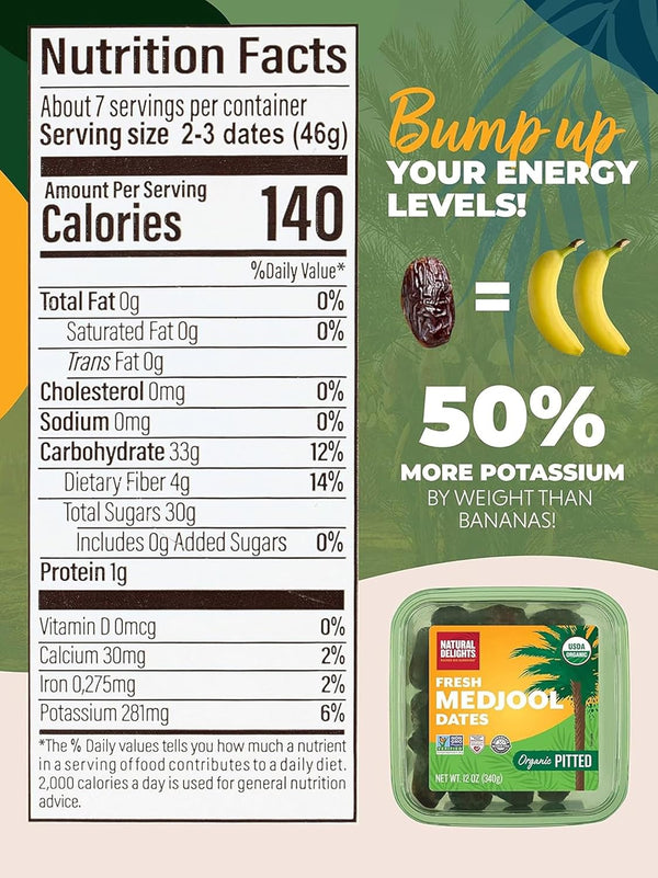 Natural Delights Organic Medjool Dates - USDA Certified, Fiber & Potassium, Naturally Sweet, Plump - 12 oz Tub (2-Pack)