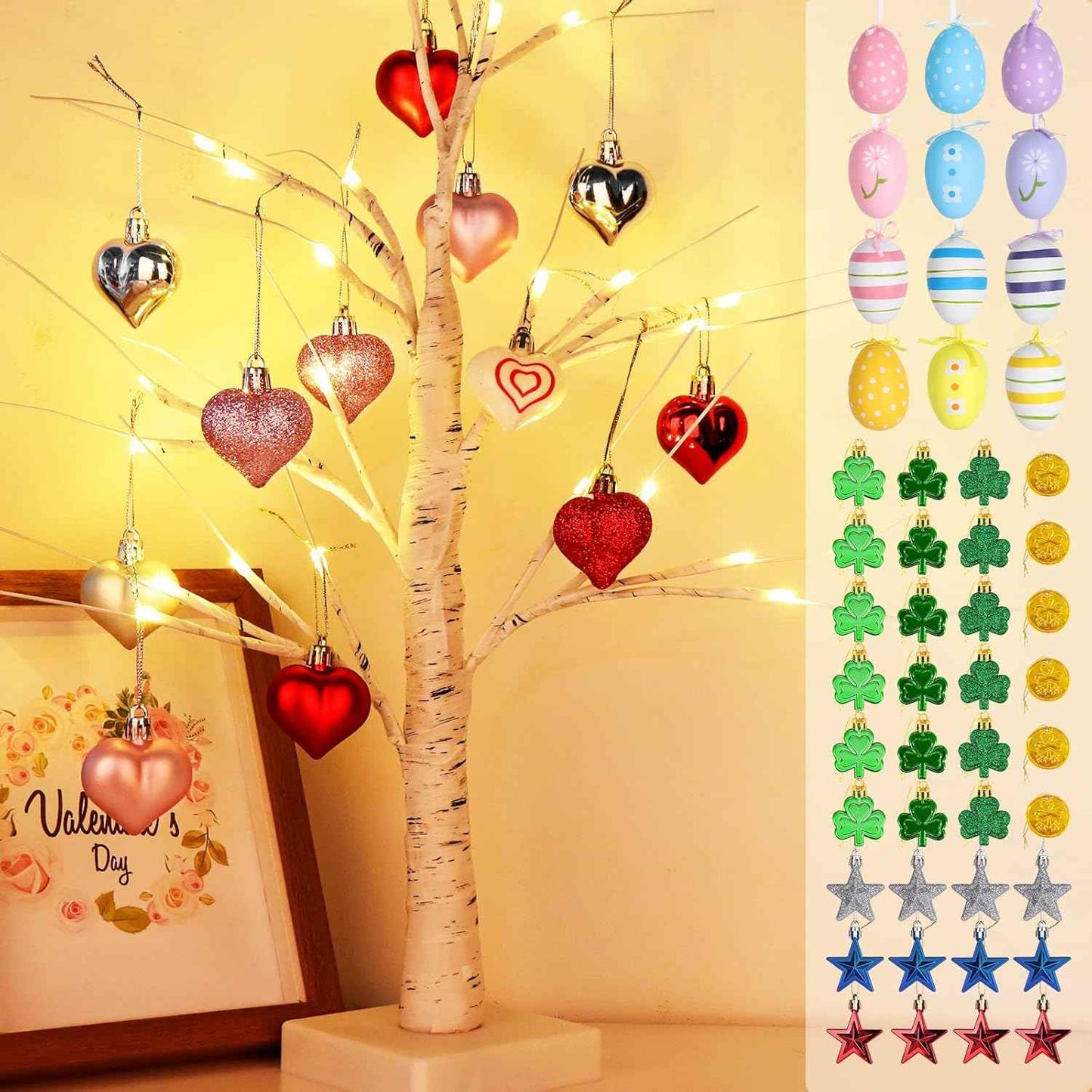 Valentines Day Decor Lighted Birch Tree with 24pcs Heart Ornaments, Valentine Table Decorations White Birch Twig Tree with LED Lights and Cute Heart Decor for The Home Wedding Dinner Gifts