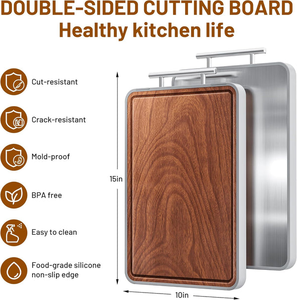Double-sided cutting board made of titanium and ebony wood for kitchen use