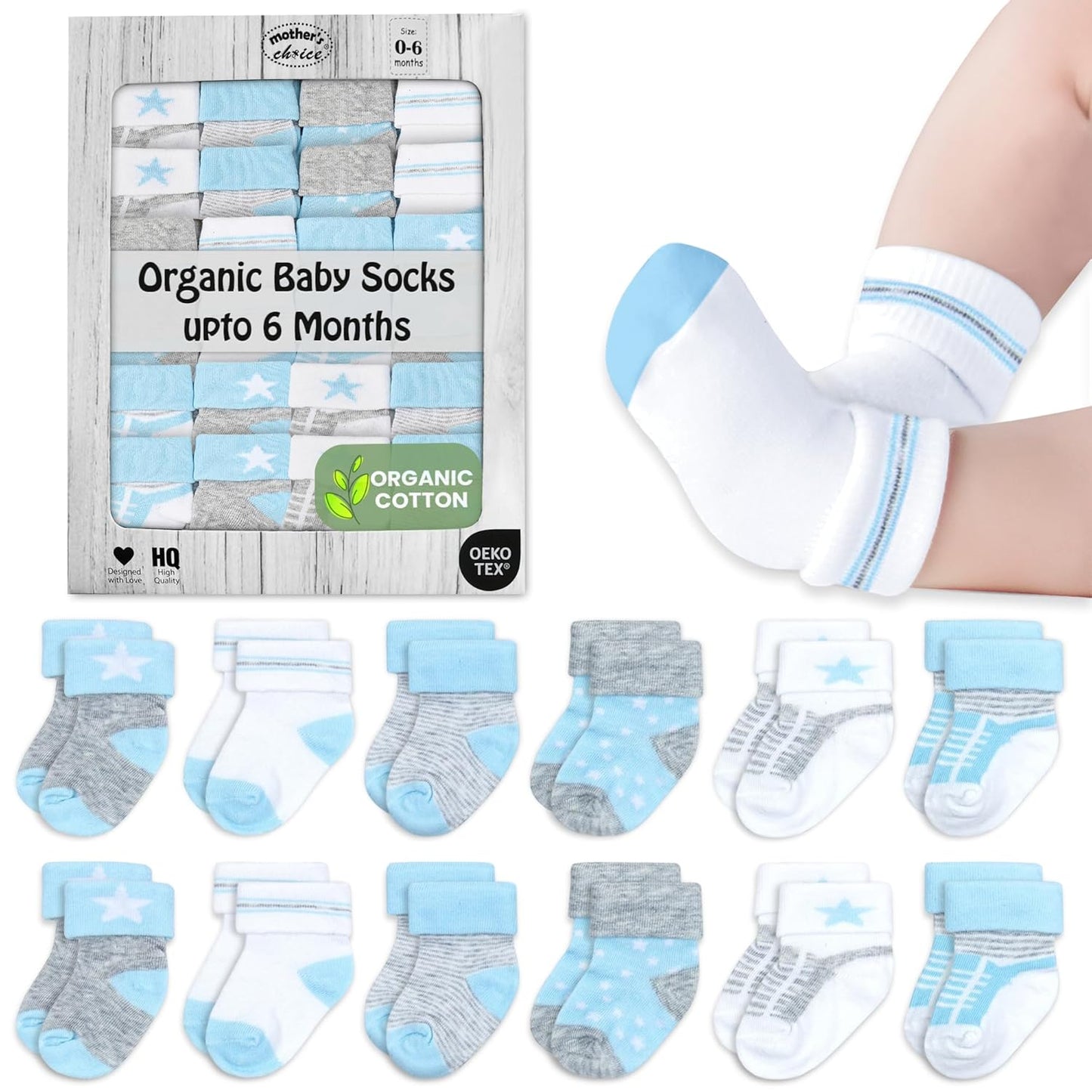 Mother's Choice Organic Cotton Baby Socks Infant 0-6 Months - 12 pairs Soft, Cozy, and Gentle Newborn Socks for Girls & Boys, Perfect Baby Registry for Everyday Wear, and Infant Comfort