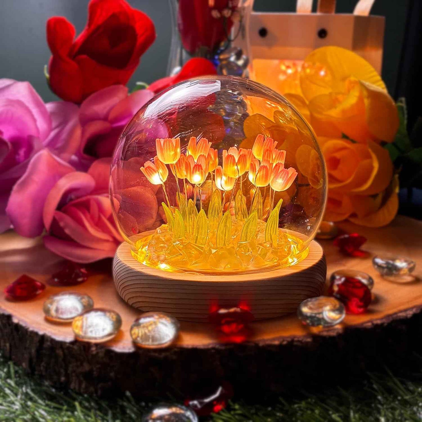Tulip Lamp Glass Globe - Illuminated Flower Lamp with Glowing Blooms on Wooden Base - Battery-Powered Decorative Night Light for Bedroom, Living Room & Home Decor | Tulip and Rose Infinity Mirror, Gift for Women or Girl, Fully Assembled, in a Glass, Cuten