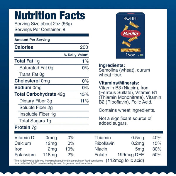Barilla Rotini Pasta, 16 oz. Non-GMO, Durum Wheat Semolina, Kosher Certified, Italian Made Pastas