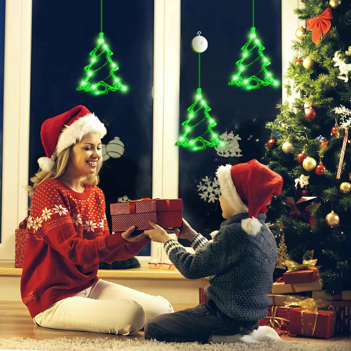 3Pcs Battery Powered LED Christmas Tree Shaped Window Lights - Green Sucker Lamps for Xmas Decor Indoors and Outdoors