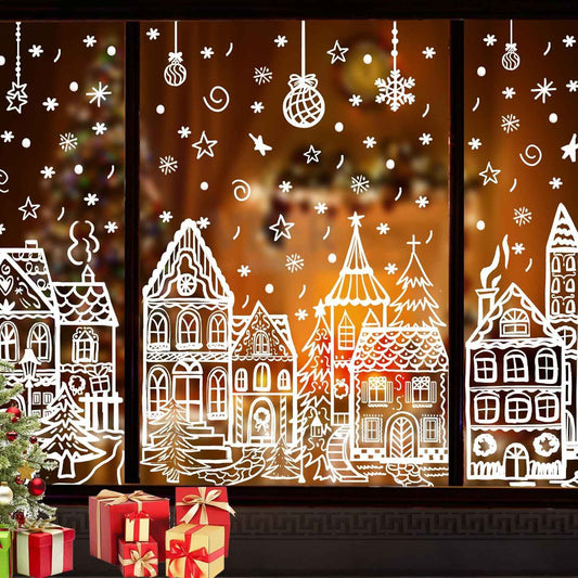 DIYDEC 15.7 * 27.5'' Large Christmas Window Stickers 4 Sheets White House Xmas Window Clings for Glass Decoration Snowman Snowflake Double-Sided Window Decals for Christmas Holiday Party Ornament