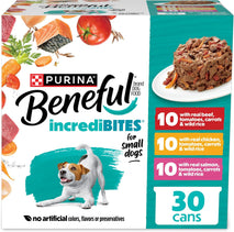 Purina beneful small breed dog food variety pack incrediBites with real beef chicken and salmon 3 oz cans pack of 30