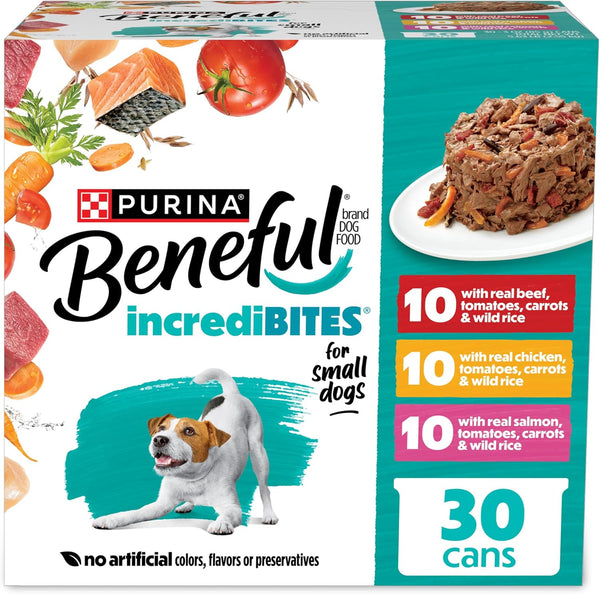 Purina beneful small breed dog food variety pack incrediBites with real beef chicken and salmon 3 oz cans pack of 30