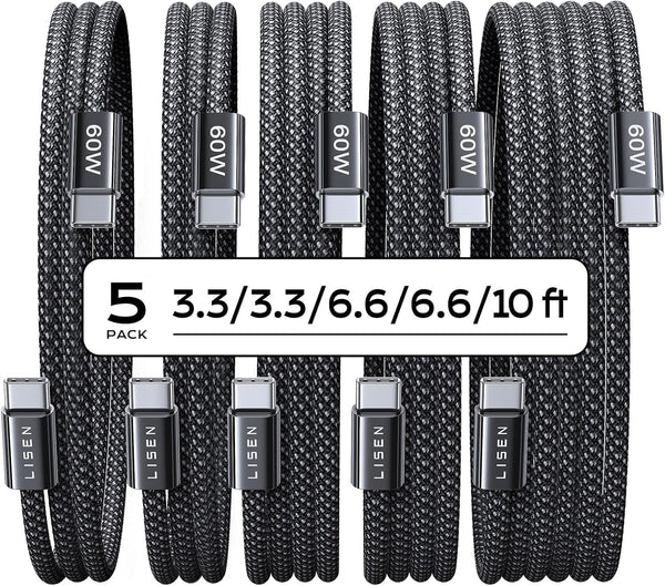 Lisen 5-pack usb c to c cable, 60w fast charging, 10ft for iphone 17, ipad, galaxy s25/s24