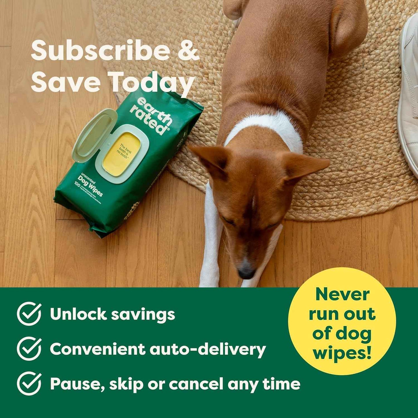 Earth Rated Pet Wipes for Dogs and Cats, Hypoallergenic, Cleaning and Hydrating, for Grooming Paws, Body and Butt, Unscented, 100 Count