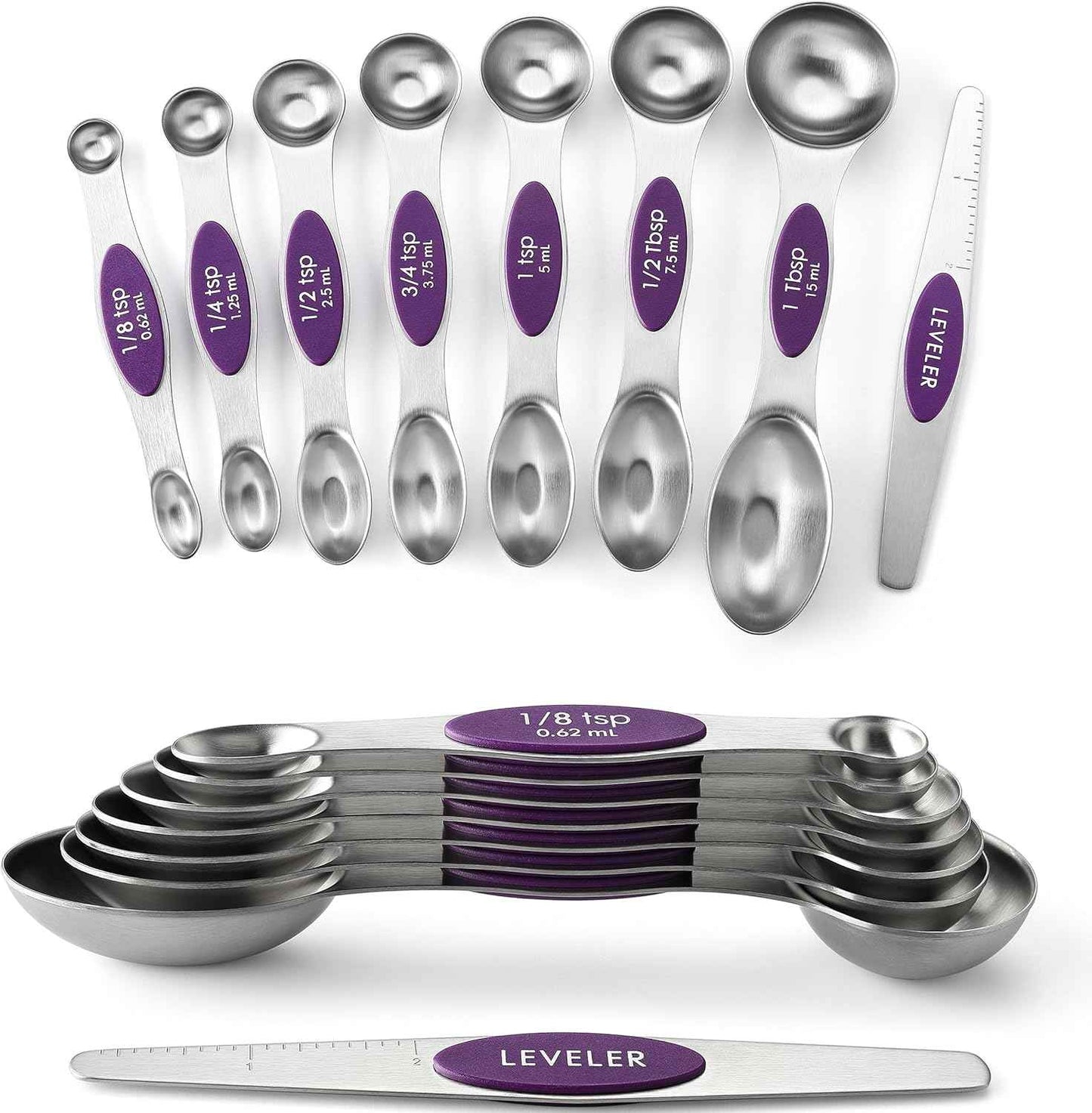 Spring Chef Stainless Steel Magnetic Measuring Spoons Set with Strong N45 Magnets, Heavy Duty Metal Kitchen Gadgets for Baking & Cooking, Fits in Most Kitchen Spice Jars, Set of 8 with Leveler, Black