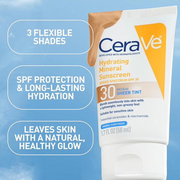 ceraVe hydrating mineral sunscreen spf 30 sheer tint medium 1.7 fl oz