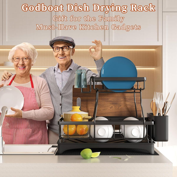 2-Tier Dish Rack with Auto-Drain and Mat for Kitchen Counter
