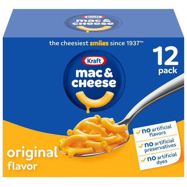 kraft original mac and cheese, 12 boxes, no artificial flavors, 7.25 oz boxes for easy dinner or sides