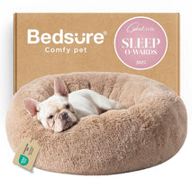 Bedsure calming medium size dog bed, 30 inches donut washable plush faux fur pet bed, fits up to 45 lbs pets, camel