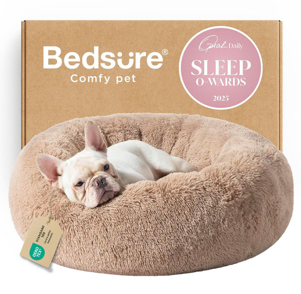 Bedsure calming medium size dog bed, 30 inches donut washable plush faux fur pet bed, fits up to 45 lbs pets, camel