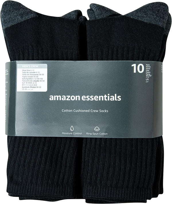 Amazon Essentials Men's Cotton Crew Athletic Moisture Wicking Sports Socks with Cushioned Sole