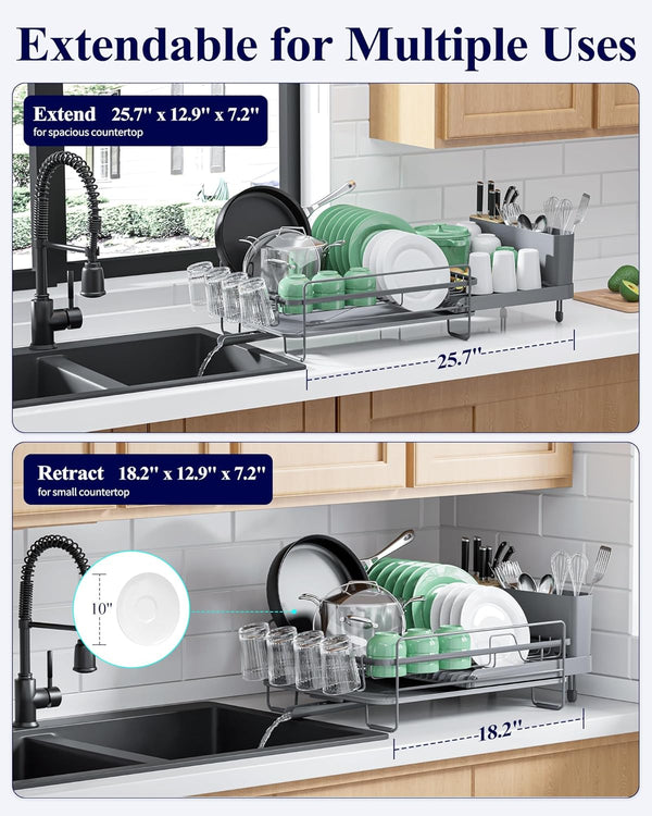 Adjustable kitchen dish drying rack with drainage and cutlery holders