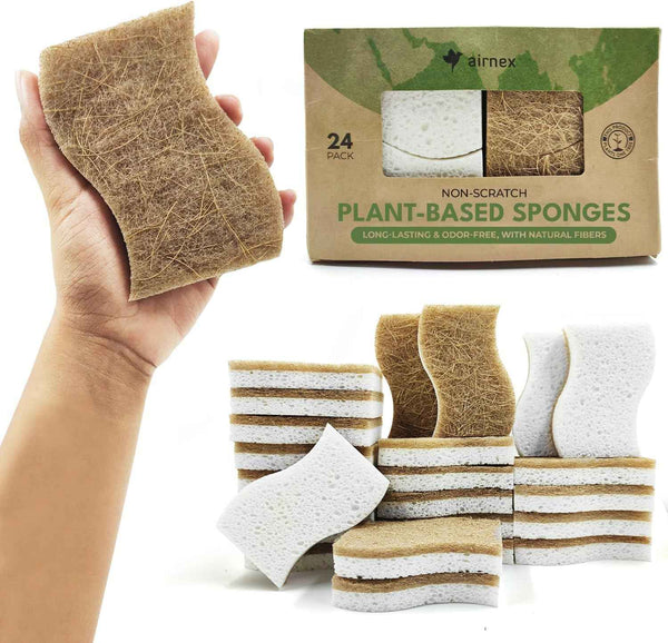Biodegradable Natural Kitchen Sponge - Compostable Cellulose and Coconut Walnut Scrubber Sponge (12 Pack)