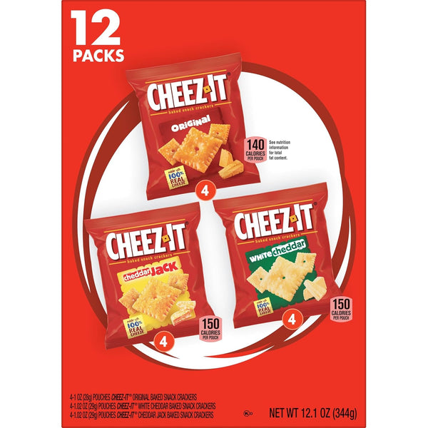 cheez-it variety pack, 12.1oz box, 12 packs, original, white cheddar, cheddar jack flavors