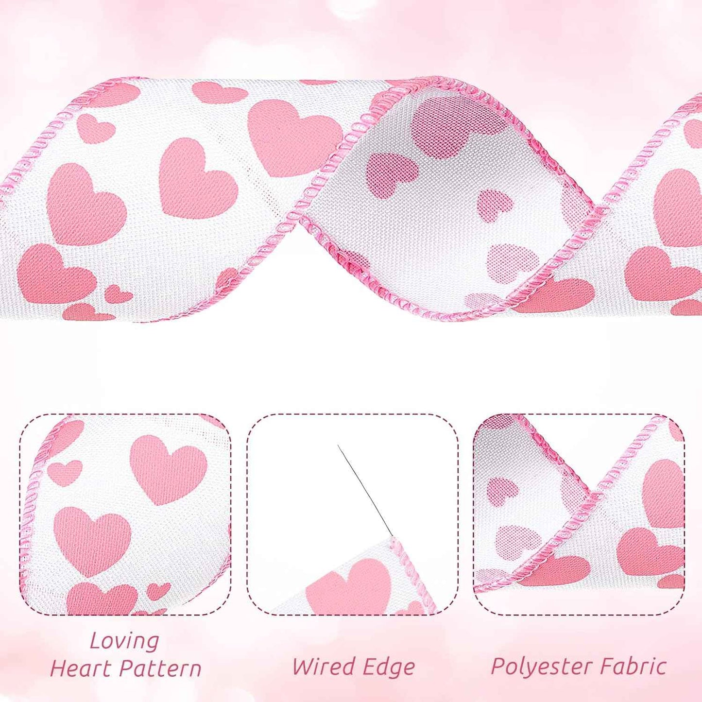 Dingion Valentine's Day Burlap Wired Ribbon 2 Rolls 12 Yards Heart Printed Love Edge Ribbon 2.5 in Patterned Hearts for Favor Wrapping Wreaths Craft Prensent Wrapping Decorative (Pink)