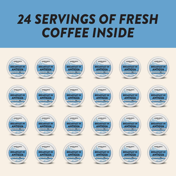 Angelino's Coffee Breakfast in Antigua Coffee Pods, 24 Count, Medium Roast, Guatemalan Blend, K Cup Compatible for Keurig