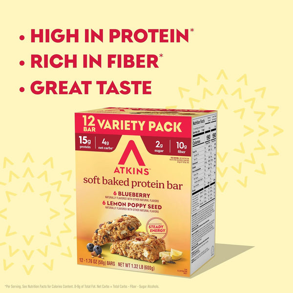 Atkins Soft Baked High Protein Bars, 12 pack, 2g sugar, 4g net carbs, 15g protein
