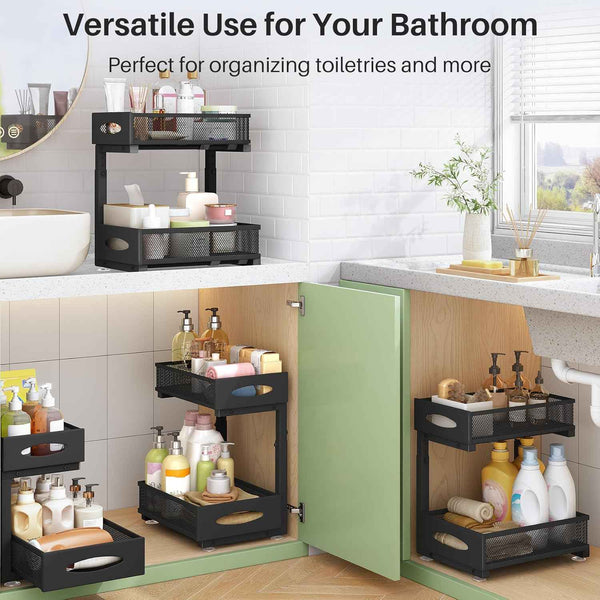Under Sink Organizer, 2 Tier Pull out Cabinet Organizer Baskets with Mesh Sliding Drawers, Slide out Storage Shelf for Home, Kitchen, Bathroom, Pantry, Office Cabinet, Countertop(1 Pack)