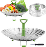 Stainless Steel Veggie Steam Basket for Pot, Foldable and Expandable Steaming Insert with Extendable Handle Fits 5.1" to 9" Pots