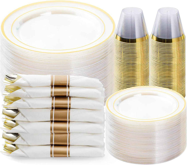 BESTVIP 700PCS Gold Plastic Dinnerware Set for 100 Guests, Disposable Plates for Party, Include: 200 Plastic Plates, 100 Pre Rolled Napkins with Gold Silverware, 100 Cups for Christmas, Halloween