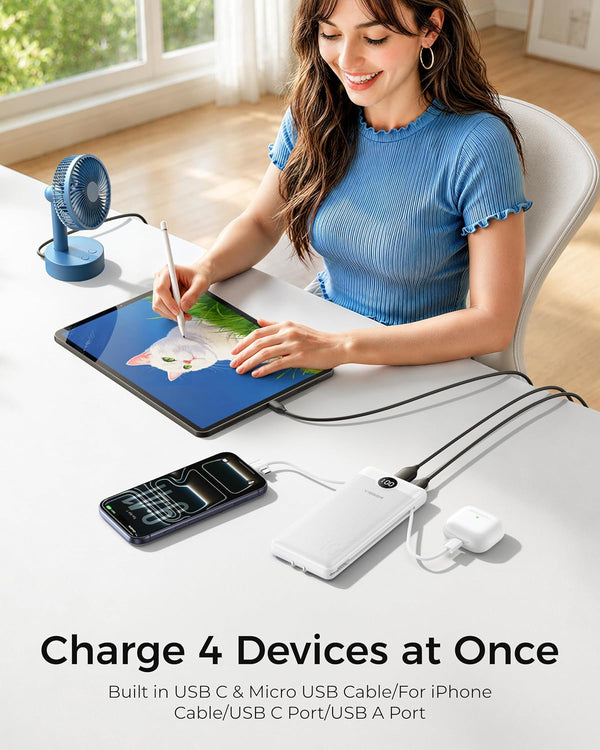 VEGER Portable Charger with Built-in AC Plug and Cables, All in One 10000mAh Ultra Slim Power Bank Travel Essentials, Fast Charging Battery Pack Compatible with iPhone, Samsung, Android, White