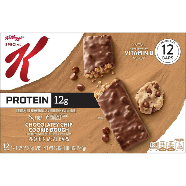 Special K Bar Protein Meal Bars, 12g Protein Snacks, 12 Count, 19oz Box, Chocolatey Chip Cookie Dough