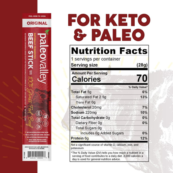 paleovalley 100% grass fed original beef sticks - delicious gluten free snack - keto friendly paleo protein