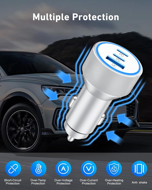 67W 3-Port Fast USB C Car Charger Power Adapter for iPhone and iPad