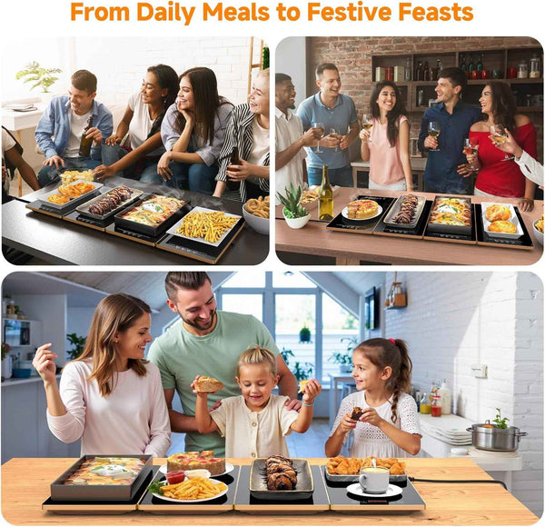 FEPPO Electric Warming Tray, 4-in-1 Food Warmers for Parties Buffet with 10 Temp Settings and Timer, 33"x15" Glass Surface Warming Mat for Food, Modular Buffet Hot Plates for Catering and Gatherings