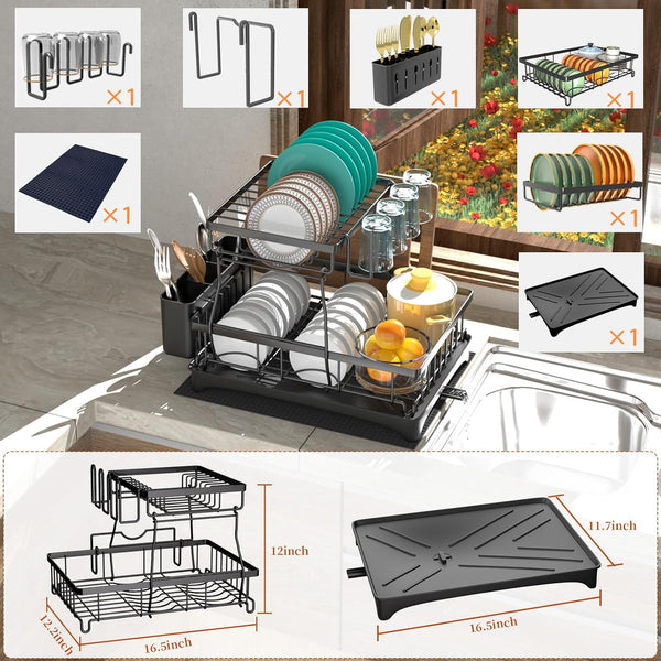 2-Tier Dish Rack with Auto-Drain and Mat for Kitchen Counter