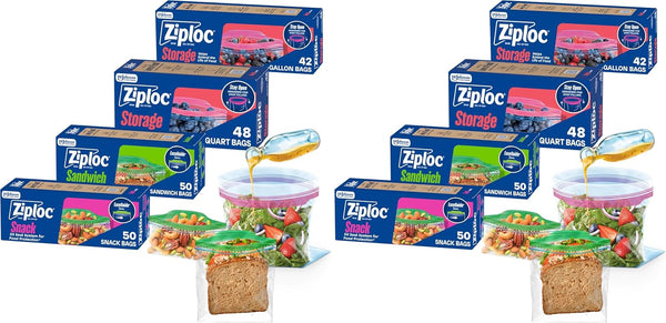 Ziploc Storage Bags Variety Pack, 190ct Total, 42ct Storage Gallon and 48ct Storage Quart, 50ct Sandwich and 50ct Snack