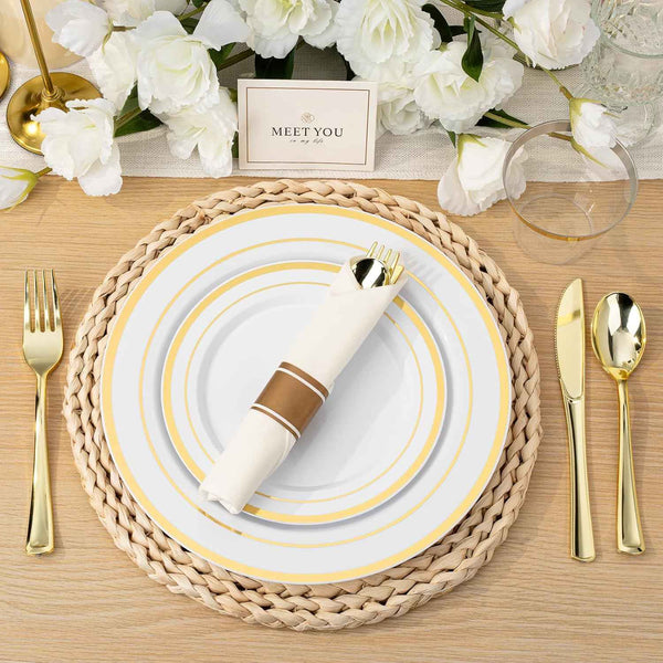 BESTVIP 700PCS Gold Plastic Dinnerware Set for 100 Guests, Disposable Plates for Party, Include: 200 Plastic Plates, 100 Pre Rolled Napkins with Gold Silverware, 100 Cups for Christmas, Halloween