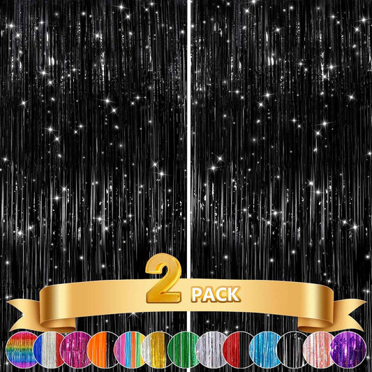 GCB 2Pack Black Metallic Tinsel Foil Fringe Curtains, Black Foil Curtain Backdrop, Photo Booth Props for Birthday Wedding Baby Shower Bachelorette Xmas Celebration Party Decorations Door Streamers