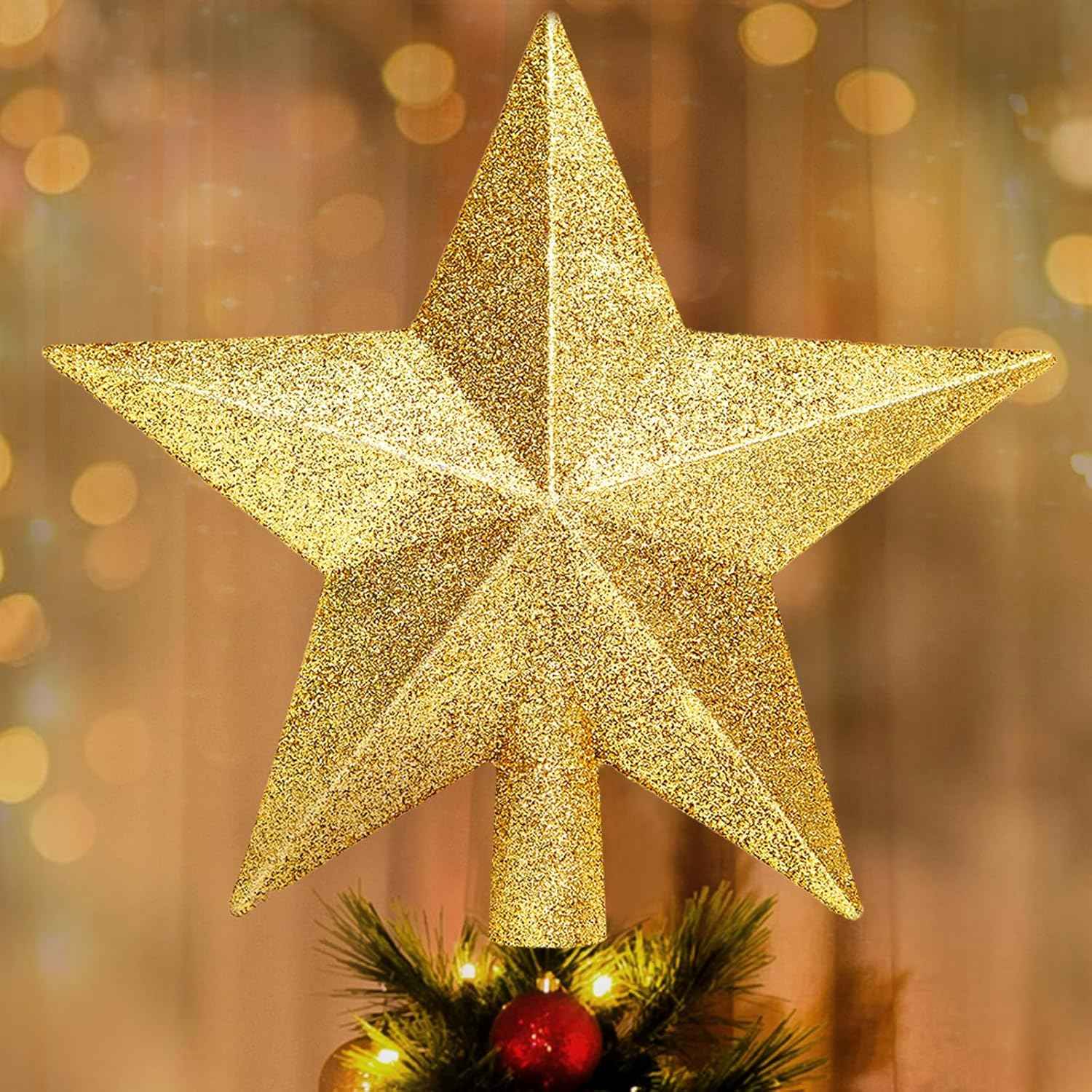 Glitter Christmas Star Tree Topper for Holiday Decorations, Christmas Tree Decoration for Holiday Ornament and Home Decor, Shatterproof Tree Toppers for Party Indoor ＆ Outdoor-Gold 8 inch
