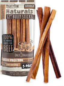 Mighty Paw 12" All Natural Grass Fed Beef Bully Sticks for Large Dogs and Small Breeds - Single Ingredient Treats