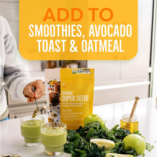 BetterBody Foods Superfood Organic Super Seeds - Chia Flax & Hemp Seeds, Blend of Organic Milled Flax Seed Organic Hemp Hearts, Add to Smoothies Shakes & More, 2lb, 32 oz